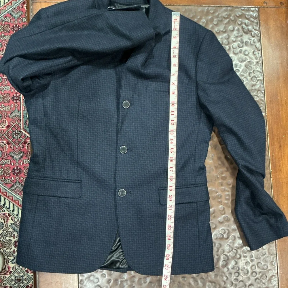 Zara Man Houndstooth Wool Blend Sport Coat Jacket Blazer, Navy Blue, 38R